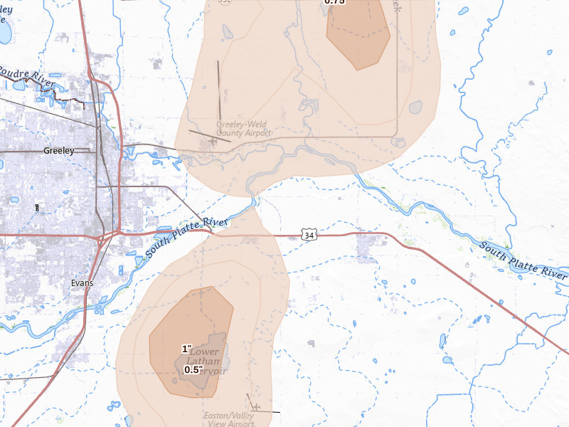 Radar-estimated hail-size map of the storm over Greeley, CO