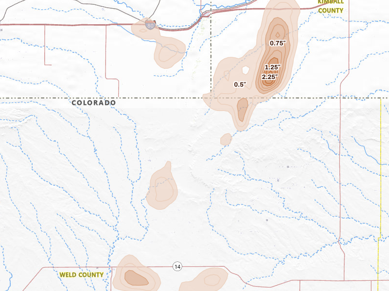Radar-estimated hail-size map of the storm over Grover, CO on May 30, 2026