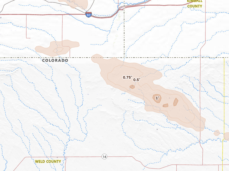Radar-estimated hail-size map of the storm over Grover, CO on Jun 20, 2026