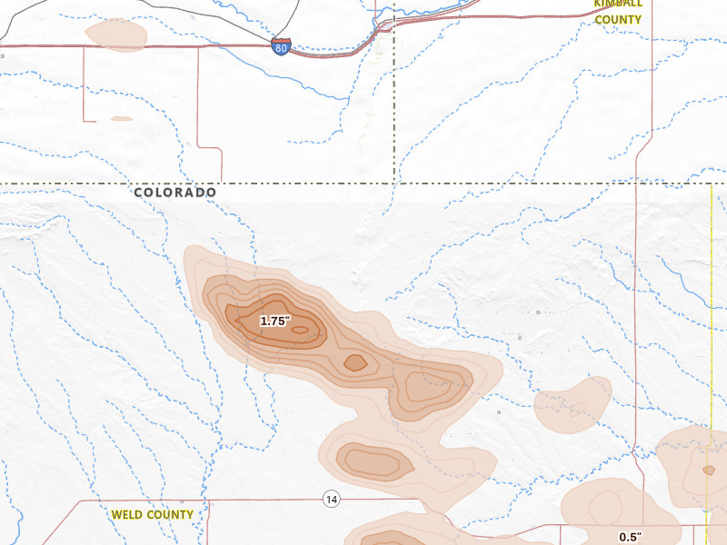 Radar-estimated hail-size map of the storm over Grover, CO on Jun 24, 2026