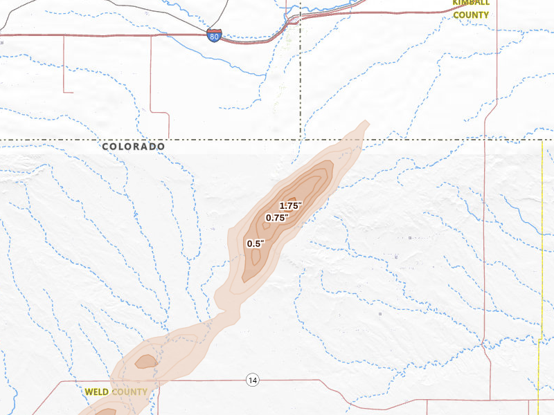 Radar-estimated hail-size map of the storm over Grover, CO on Jun 26, 2026