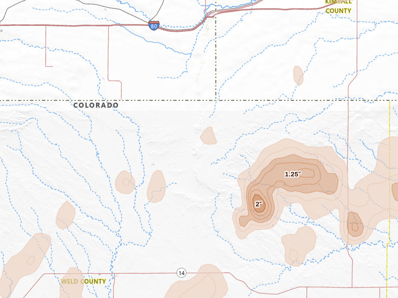 Radar-estimated hail-size map of the storm over Grover, CO on Jul 1, 2026