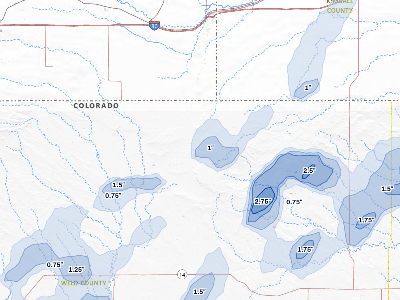 NEXRAD radar-signature map of the hail storm over Grover, CO on Jul 1, 2026