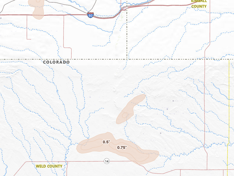 Radar-estimated hail-size map of the storm over Grover, CO on Jul 3, 2026
