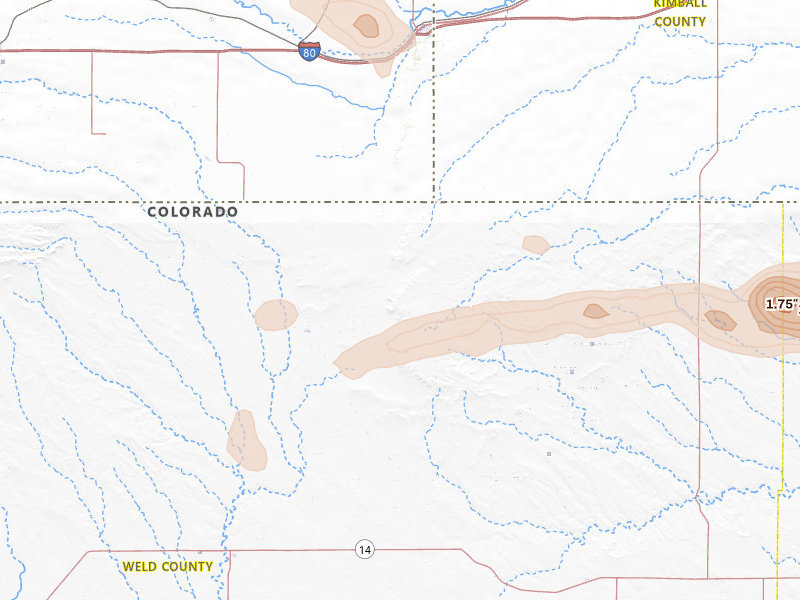 Radar-estimated hail-size map of the storm over Grover, CO on Jul 8, 2026