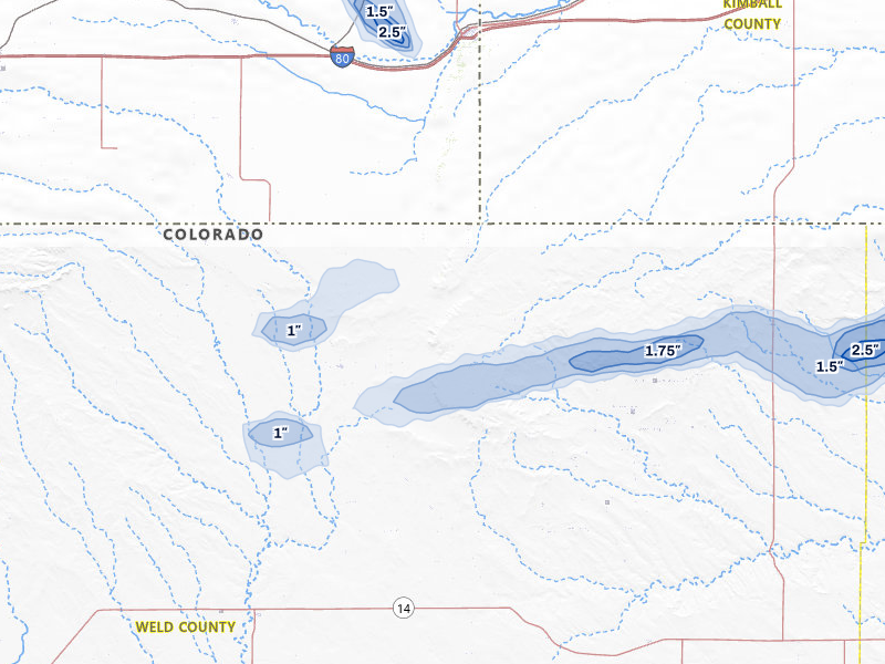 NEXRAD radar-signature map of the hail storm over Grover, CO on Jul 8, 2026
