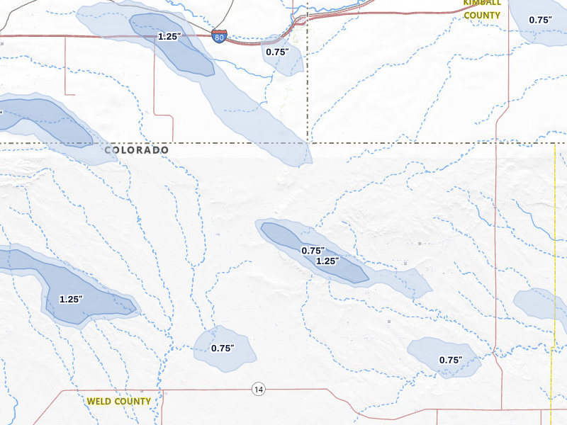 NEXRAD radar-signature map of the hail storm over Grover, CO on Jul 9, 2026
