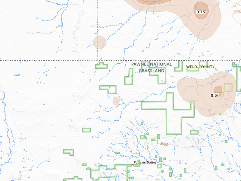 Radar-estimated hail-size map of the storm over Grover, CO on Aug 13, 2026