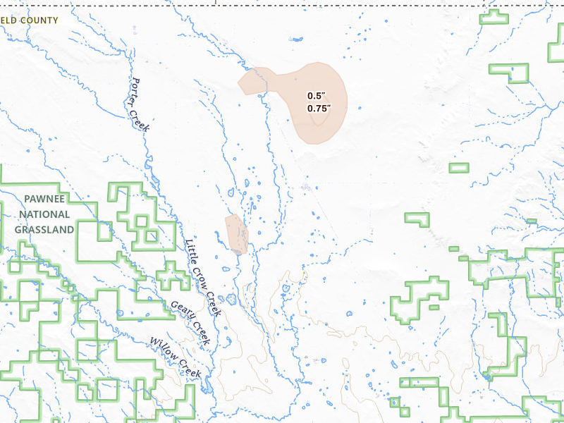 Radar-estimated hail-size map of the storm over Grover, CO on Aug 14, 2026