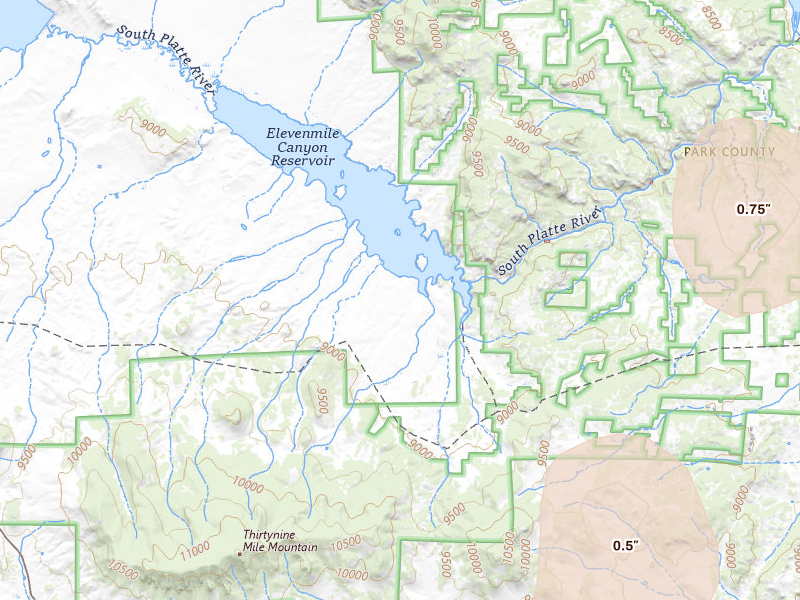 Radar-estimated hail-size map of the storm over Guffey, CO on Jun 3, 2026