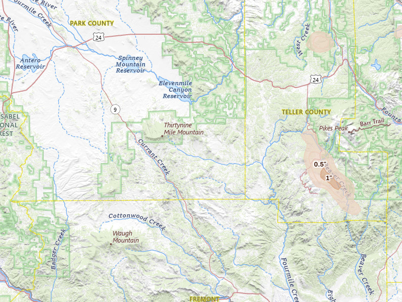 Radar-estimated hail-size map of the storm over Guffey, CO on Jul 28, 2026