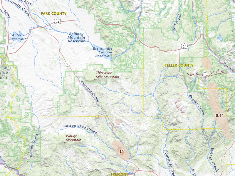 Radar-estimated hail-size map of the storm over Guffey, CO on Jul 31, 2026