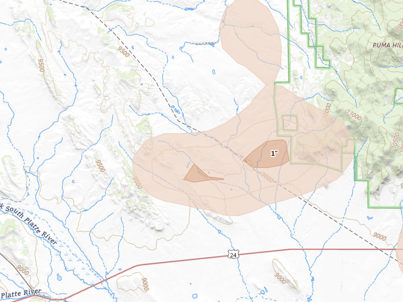 Radar-estimated hail-size map of the storm over Hartsel, CO on Jul 27, 2026