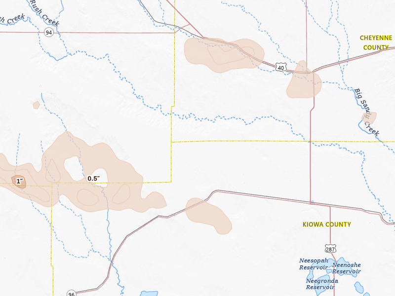 Radar-estimated hail-size map of the storm over Haswell, CO on Jul 10, 2026