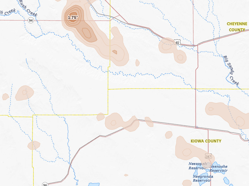 Radar-estimated hail-size map of the storm over Haswell, CO on Aug 16, 2026