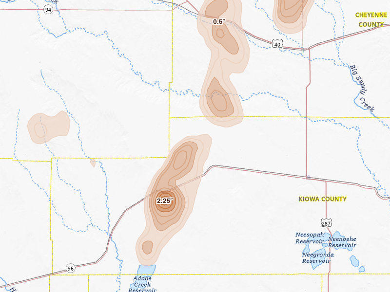 Radar-estimated hail-size map of the storm over Haswell, CO on Aug 21, 2026
