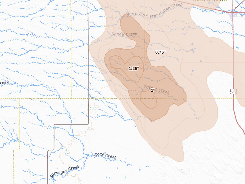 Radar-estimated hail-size map of the storm over Haxtun, CO on Jun 23, 2026