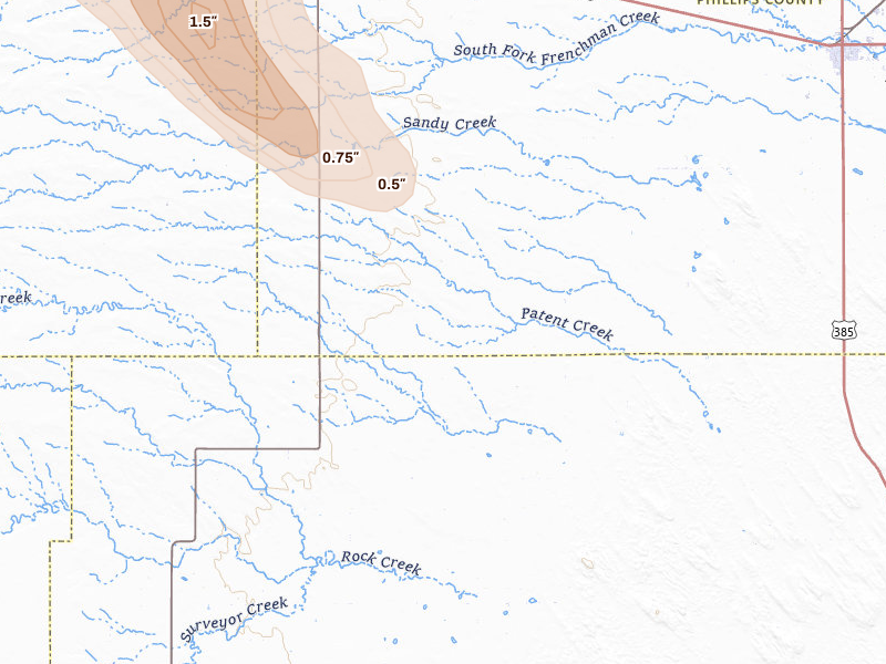 Radar-estimated hail-size map of the storm over Haxtun, CO on Jun 24, 2026