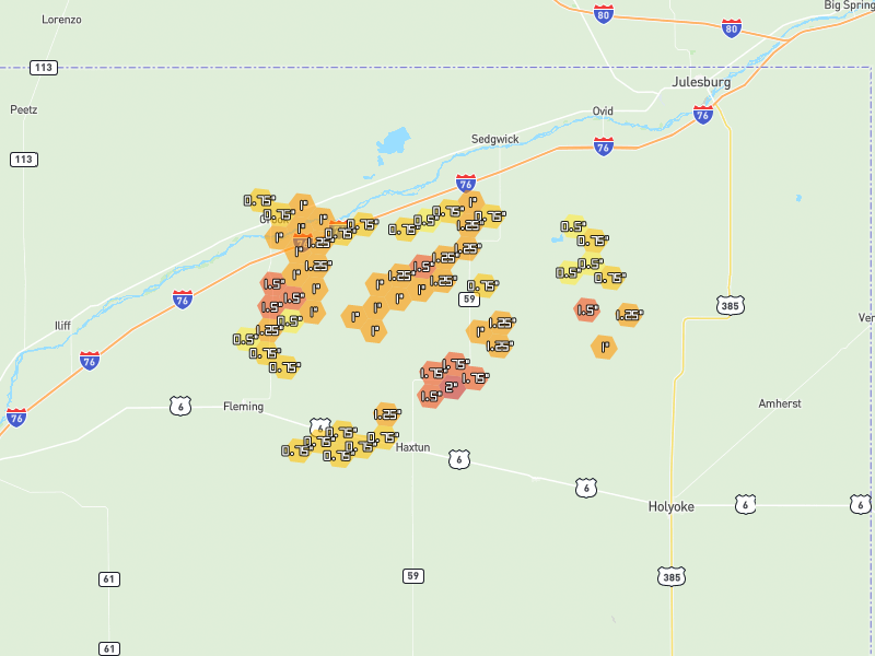 Hail map of Haxtun, CO on Jul 3, 2026, hail up to 2"