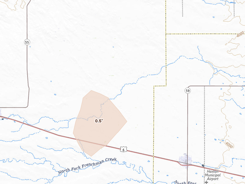 Radar-estimated hail-size map of the storm over Haxtun, CO on Aug 14, 2026
