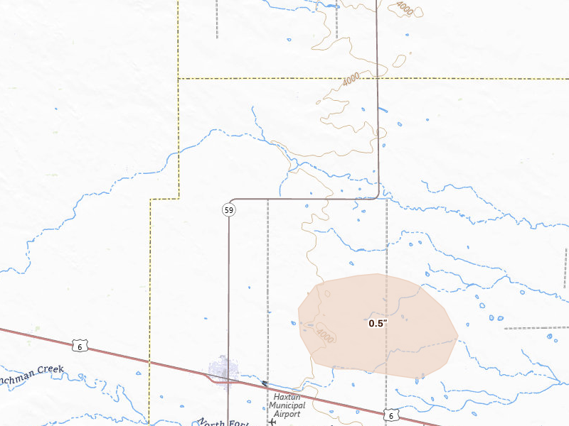 Radar-estimated hail-size map of the storm over Haxtun, CO on Aug 15, 2026