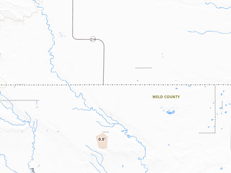 Radar-estimated hail-size map of the storm over Hereford, CO on Jul 23, 2026