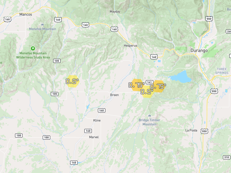 Hail map of Hesperus, CO on Jun 26, 2026, hail up to 0.75"