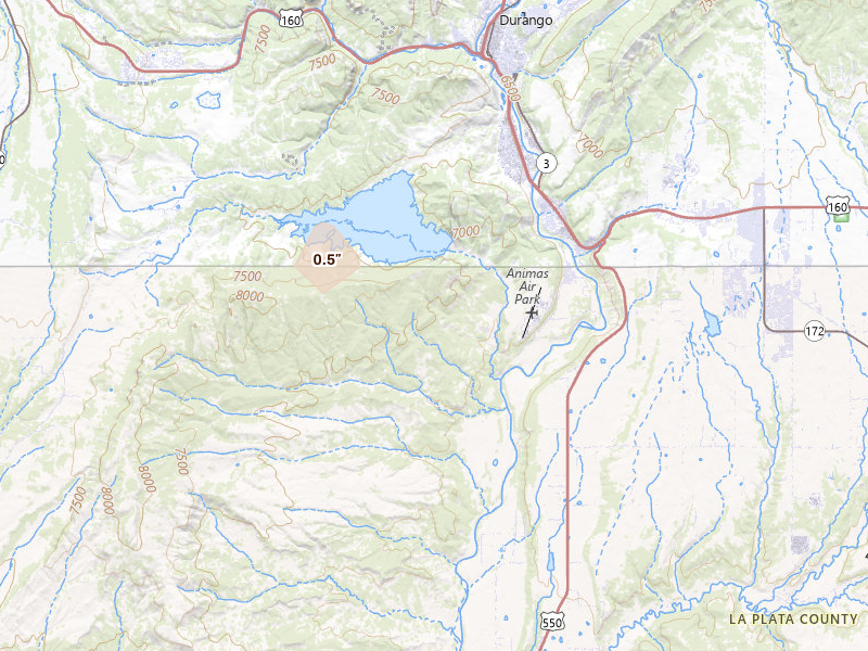 Radar-estimated hail-size map of the storm over Hesperus, CO on Aug 20, 2026