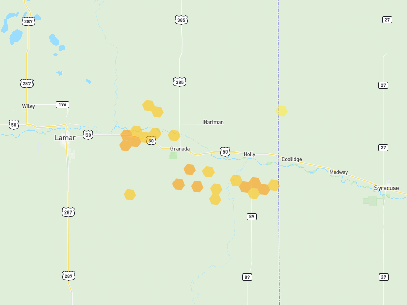 Hail map of Holly, CO on Jun 27, 2026, hail up to 1.25"