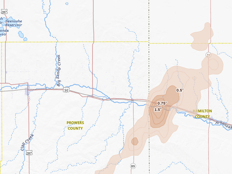 Radar-estimated hail-size map of the storm over Holly, CO on Jun 30, 2026