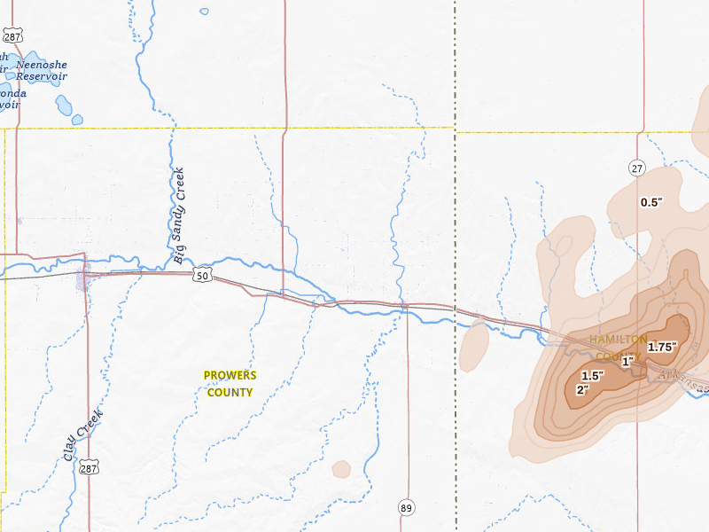 Radar-estimated hail-size map of the storm over Holly, CO on Jul 1, 2026