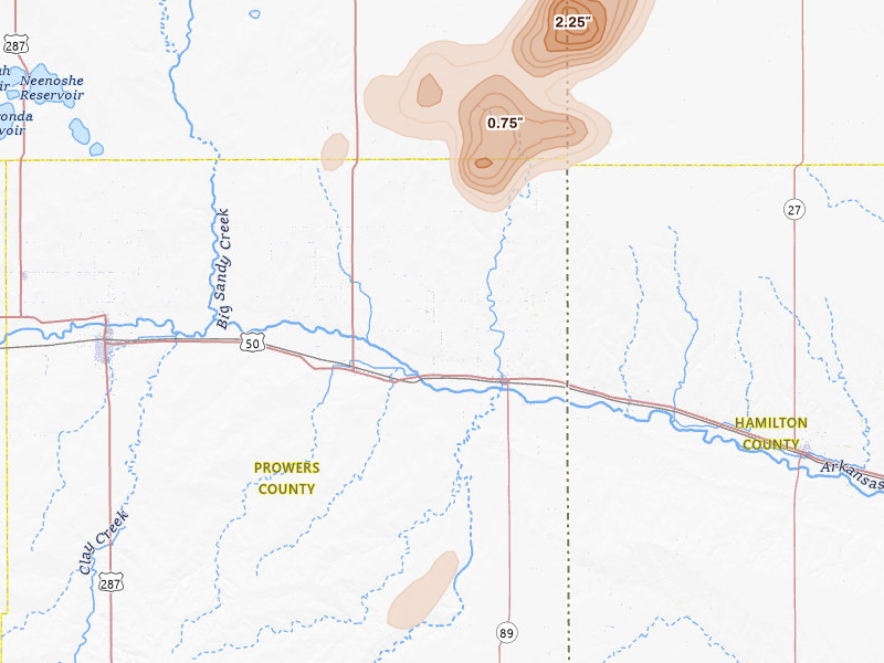Radar-estimated hail-size map of the storm over Holly, CO on Jul 8, 2026