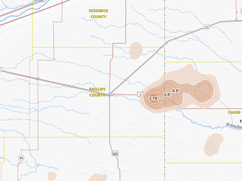 Radar-estimated hail-size map of the storm over Holyoke, CO on May 16, 2026
