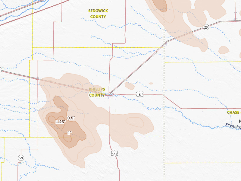 Radar-estimated hail-size map of the storm over Holyoke, CO on Jun 23, 2026