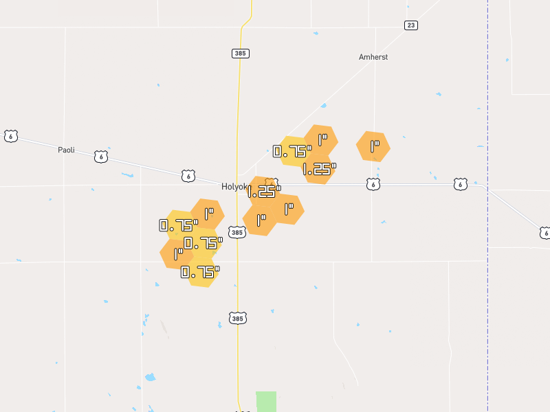 Hail map of Holyoke, CO on Jul 1, 2026, hail up to 1.25"