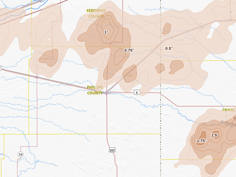 Radar-estimated hail-size map of the storm over Holyoke, CO on Jul 2, 2026