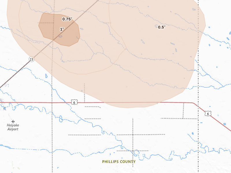 Radar-estimated hail-size map of the storm over Holyoke, CO on Aug 9, 2026