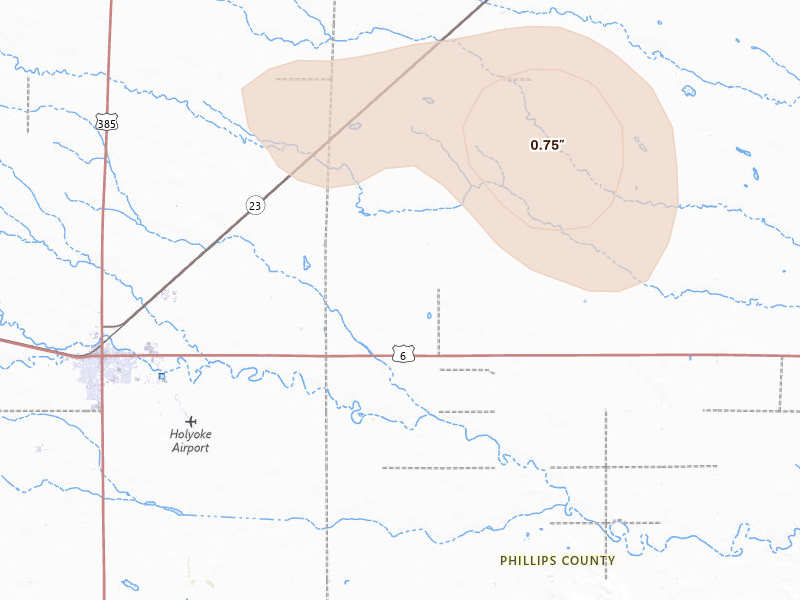 Radar-estimated hail-size map of the storm over Holyoke, CO on Aug 15, 2026