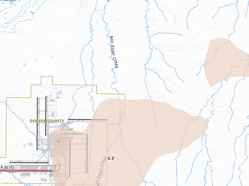 Radar-estimated hail-size map of the storm over Hudson, CO on Jul 10, 2026