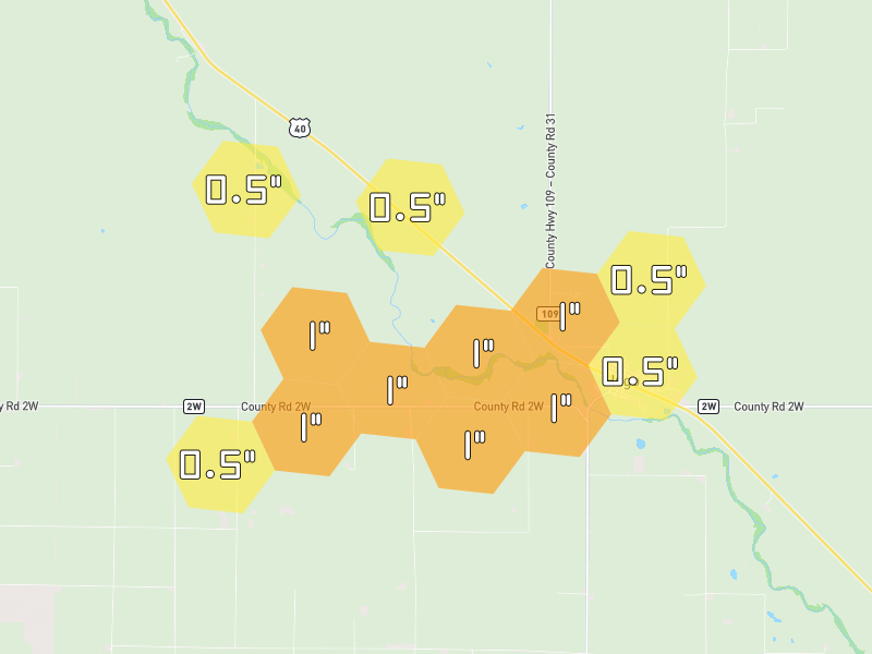Hail map of Hugo, CO on Jun 6, 2026, hail up to 1"