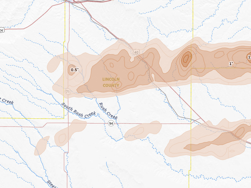 Radar-estimated hail-size map of the storm over Hugo, CO on Jun 8, 2026