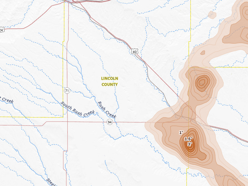 Radar-estimated hail-size map of the storm over Hugo, CO on Jun 26, 2026