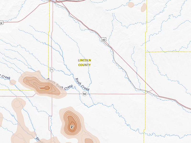 Radar-estimated hail-size map of the storm over Hugo, CO on Jul 28, 2026