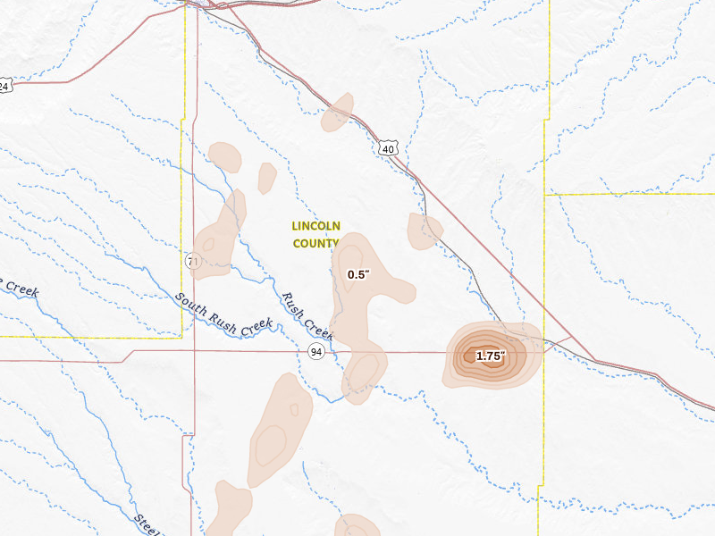 Radar-estimated hail-size map of the storm over Hugo, CO on Aug 13, 2026