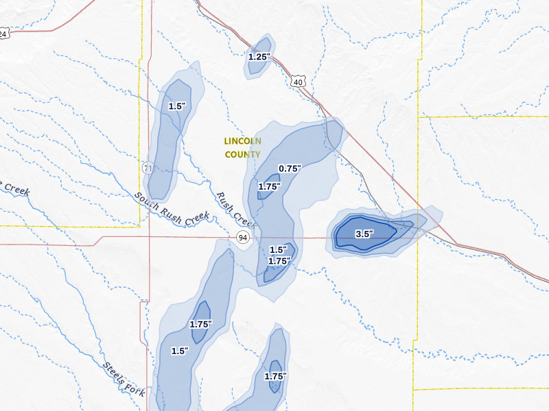 NEXRAD radar-signature map of the hail storm over Hugo, CO on Aug 13, 2026
