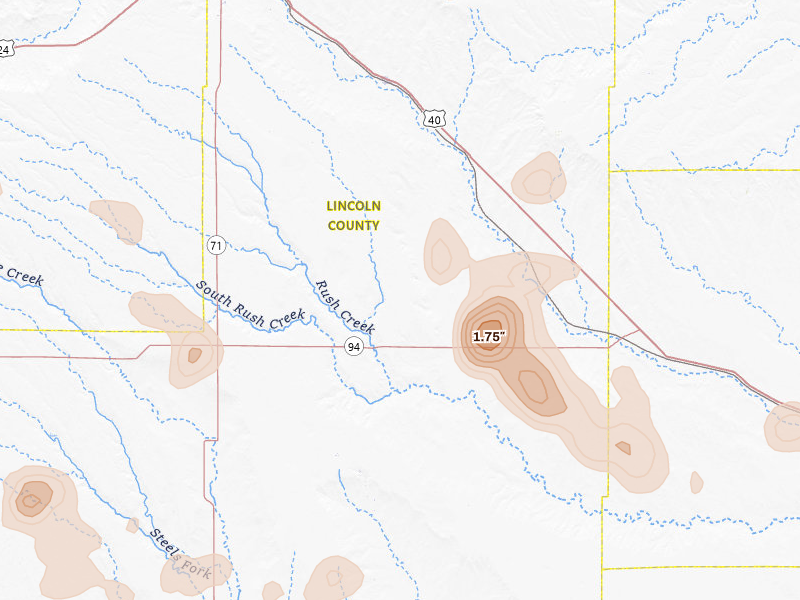 Radar-estimated hail-size map of the storm over Hugo, CO on Aug 16, 2026