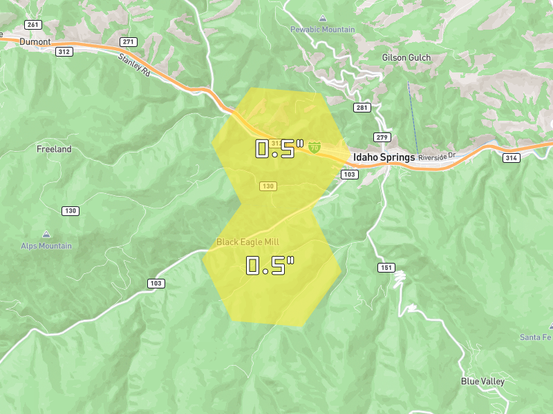 Hail map of Idaho Springs, CO on Jun 6, 2026, hail up to 0.5"