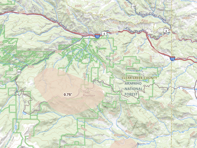 Radar-estimated hail-size map of the storm over Idaho Springs, CO on Jul 27, 2026
