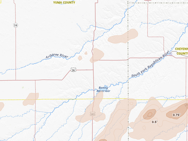 Radar-estimated hail-size map of the storm over Idalia, CO on Jun 1, 2026