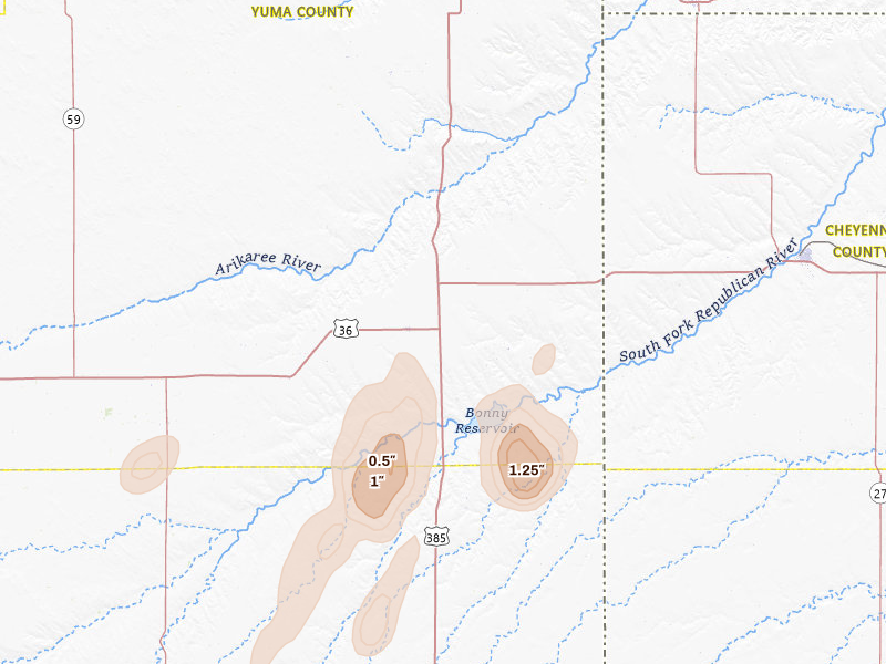 Radar-estimated hail-size map of the storm over Idalia, CO on Jun 30, 2026